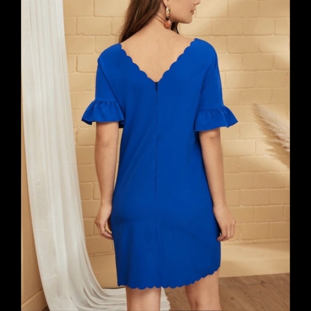 Solid flounce sleeve zipper back scallop dress - Picture 3 of 3